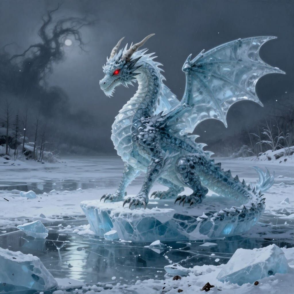 Majestic Ice Dragon on Floating Glacier in Winter