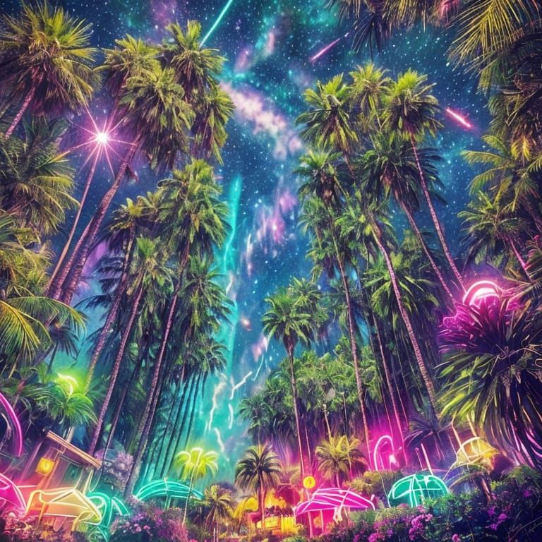 Neon Palm Trees on Saturn in Fantasy Style