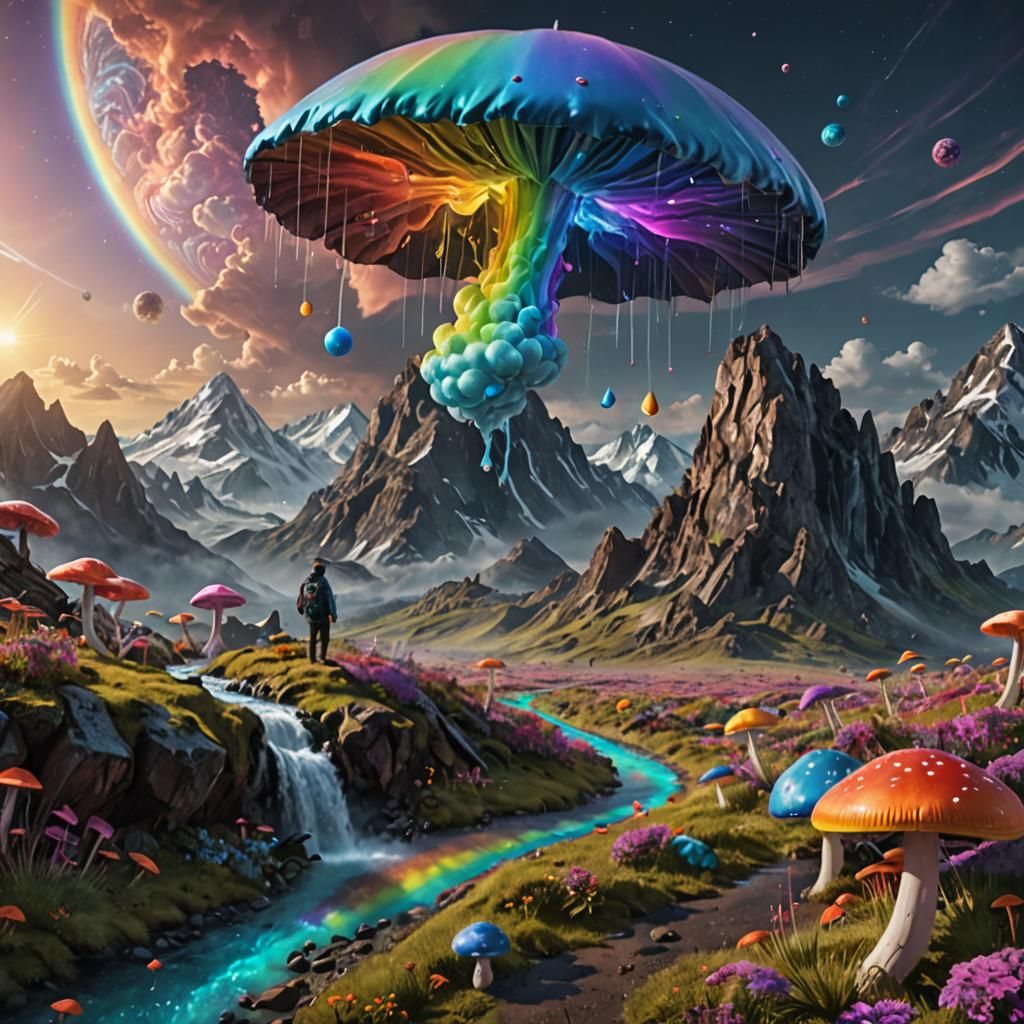 Psychedelic Rainbow Wonderland with Bioluminescent Mushrooms