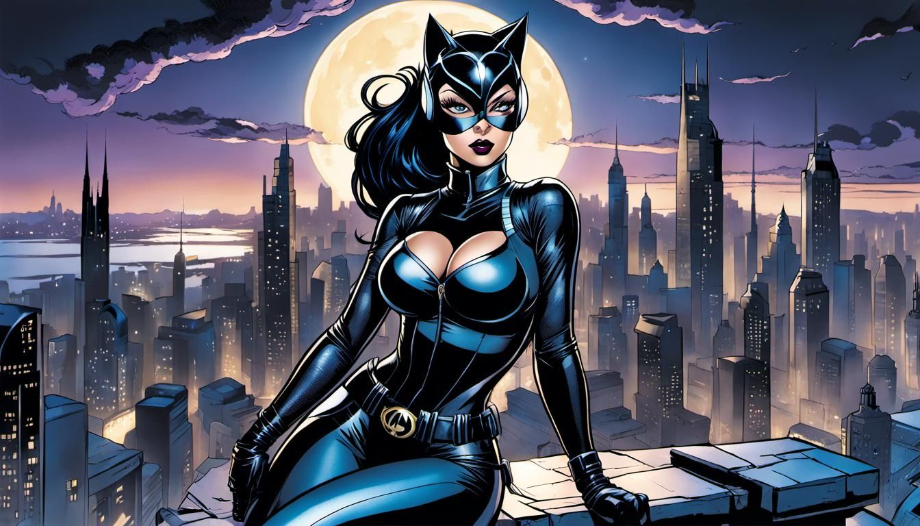 Catwoman in Cyberpunk Gotham, Comic Book Art