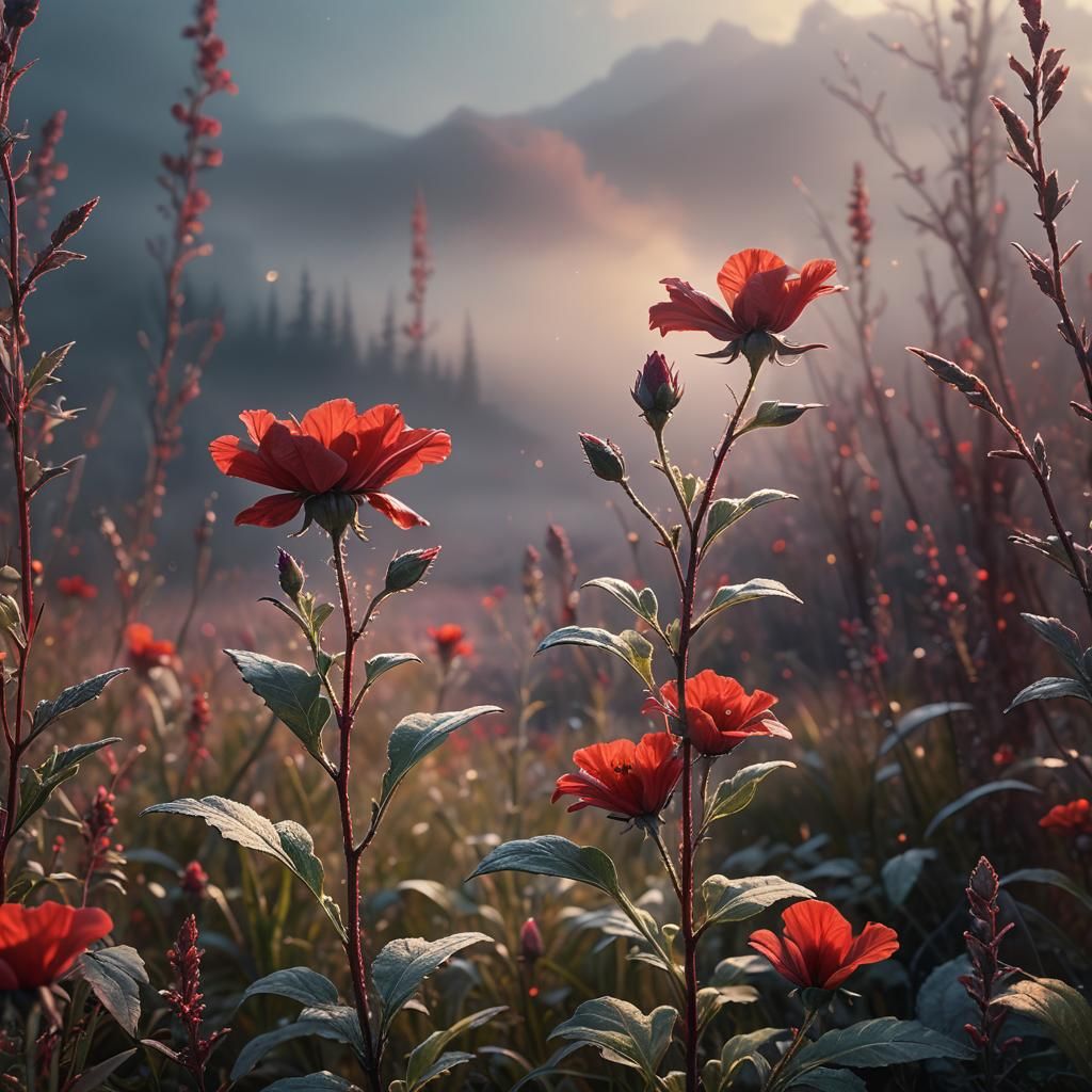 Red Flower Thriving in Tundra, Digital Art