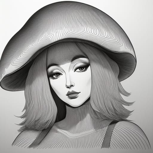 Monochrome Abstract Line Art Portrait of Mushroom Lady