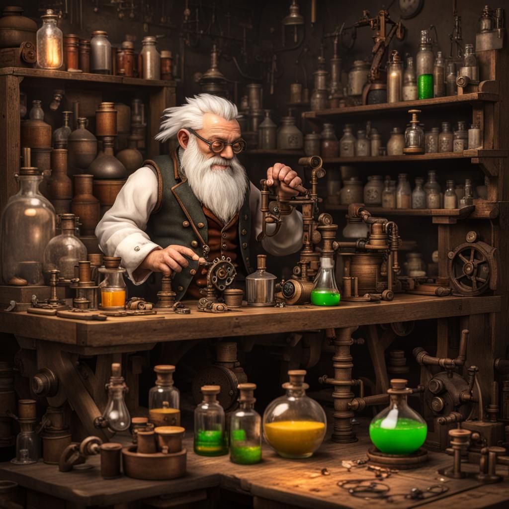 Steampunk Gnome Alchemist Mixing Potions