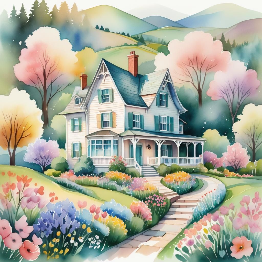 Watercolor House Surrounded by Spring Flowers