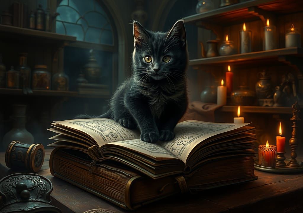 Mystical Kitten Conjuring Magic in Mage's Lab