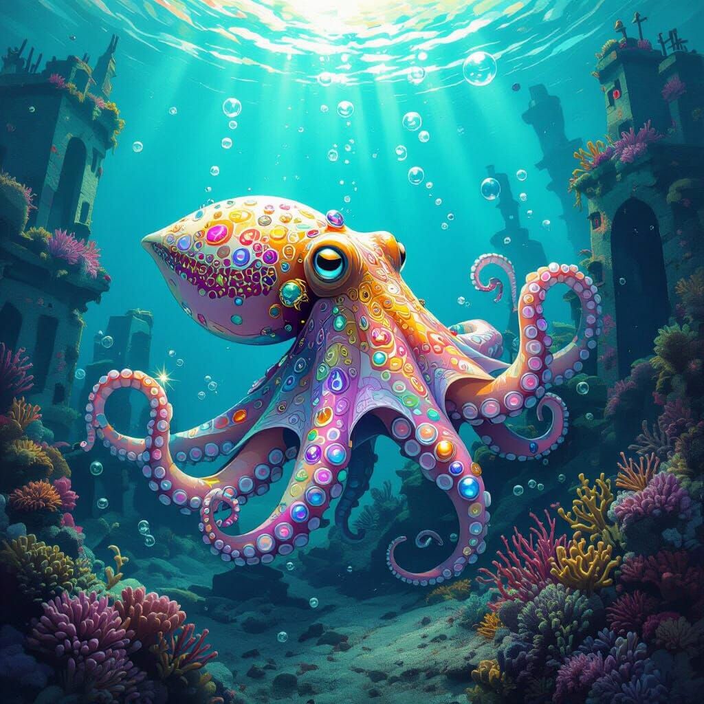 Bioluminescent Cephalopod Explores Sunken City in Digital Pa...