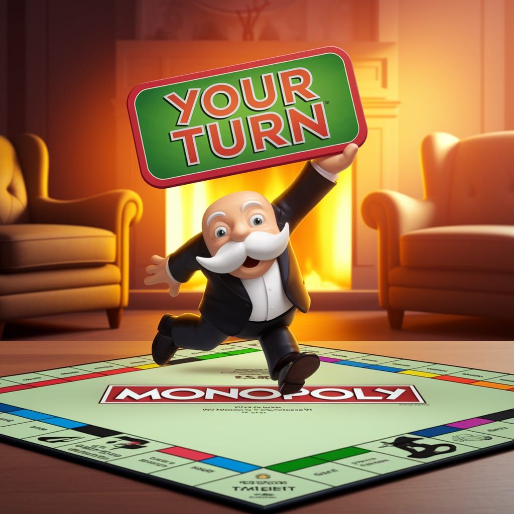 Monopoly man running across the board holding a sing above h...