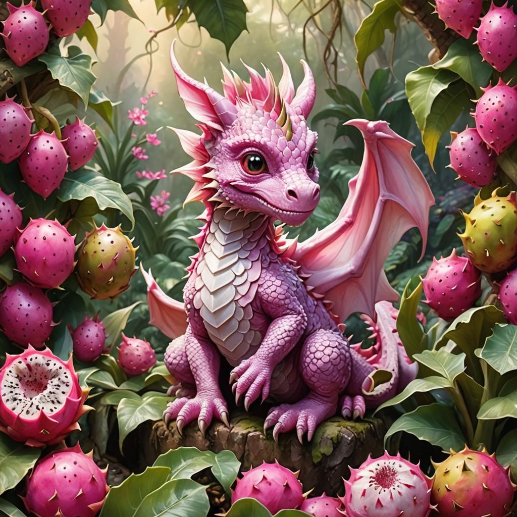 Baby Dragon in Dragonfruit Paradise: Fantasy Art