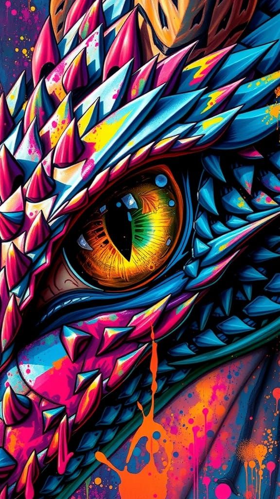 Detailed Dragon Eye with Paint Splashes