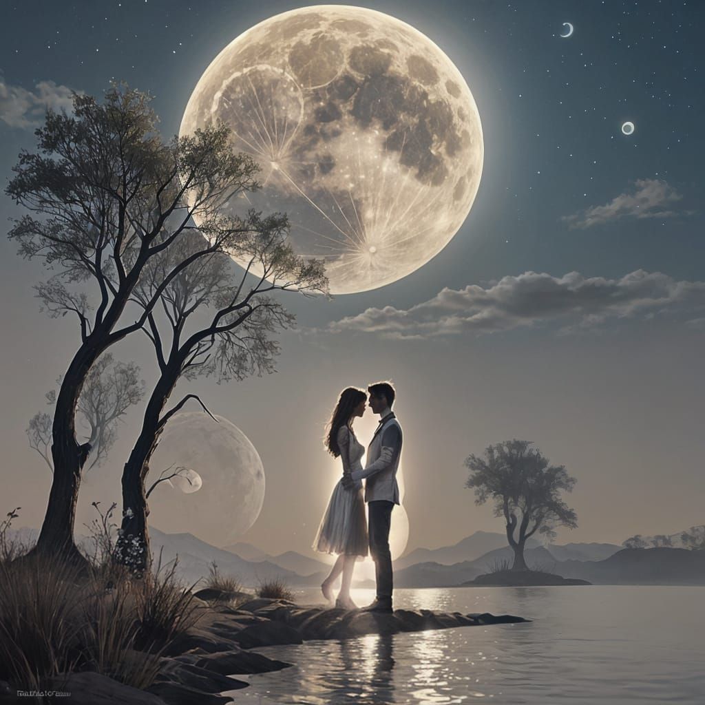 Romantic Couple Silhouetted Underneath the Moon