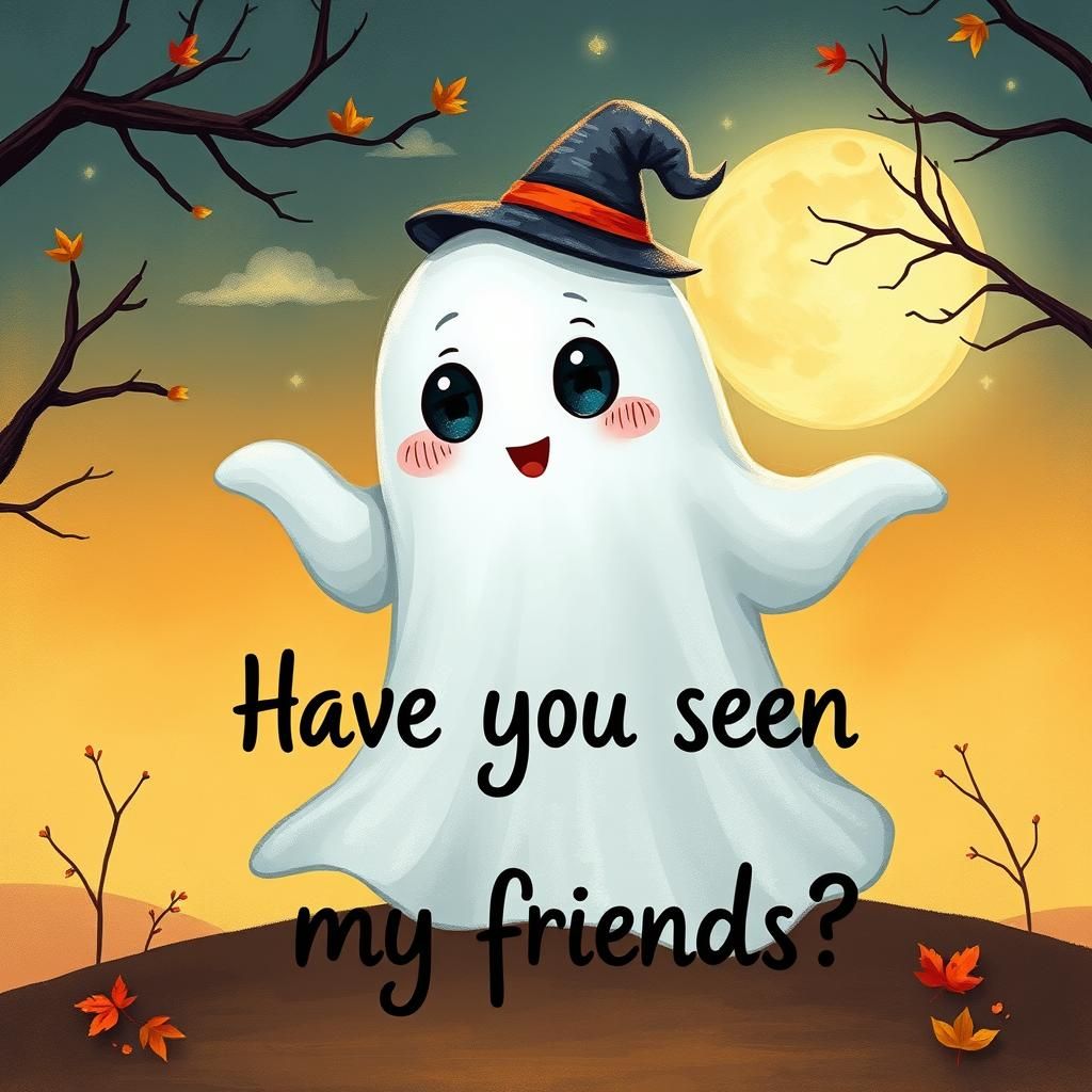 Cute Halloween Ghost Seeks Friends: Digital Illustration