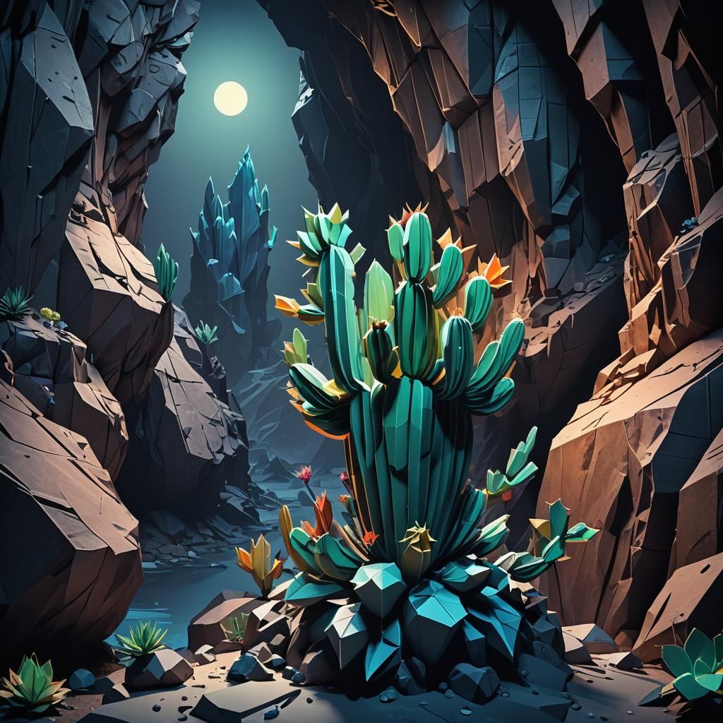 Origami Cactus in Dark Cave: Syd Mead Style