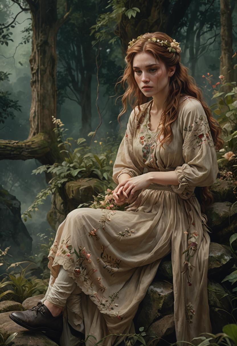 Ethereal Woman in Forest, Pre-Raphaelite Digital Painting