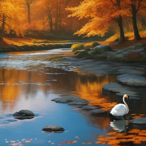 Autumn Forest River Reflection with Swan in Hyperrealism