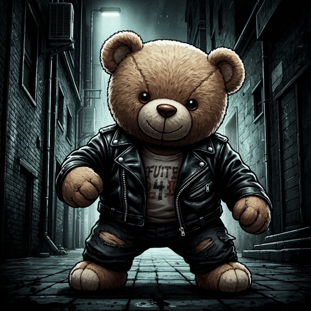 Menacing Teddy Bear Ready to Fight in Urban Alley