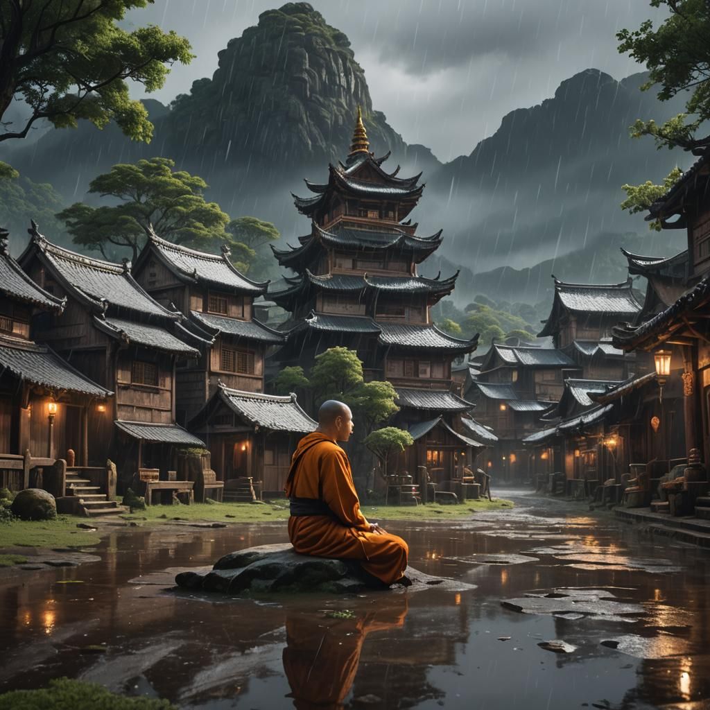 Monk Meditating in Rainy Village: Detailed Matte Painting