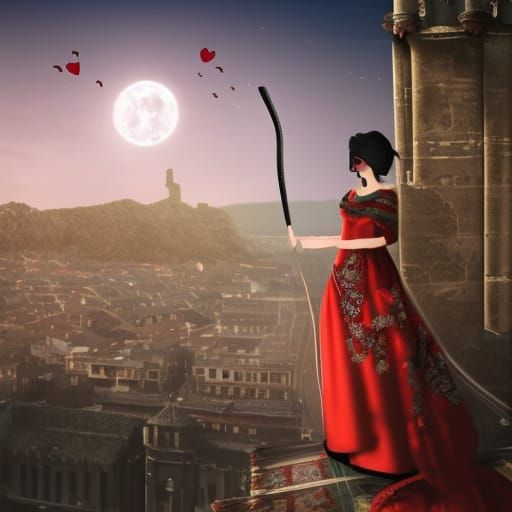 Moonlit Rooftop Balladists in Ancient Castle City