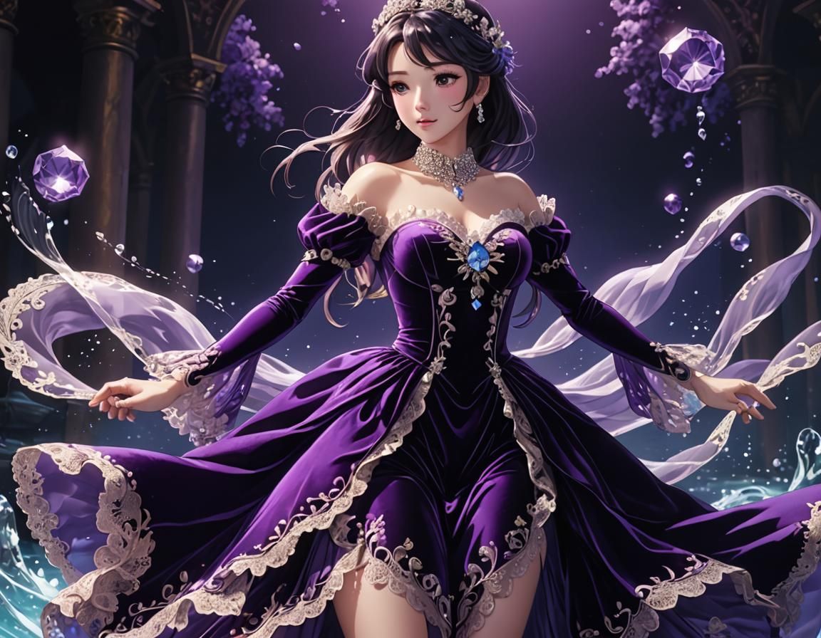 Anime Girl in Royal Purple Dress, Cel-Shaded Style