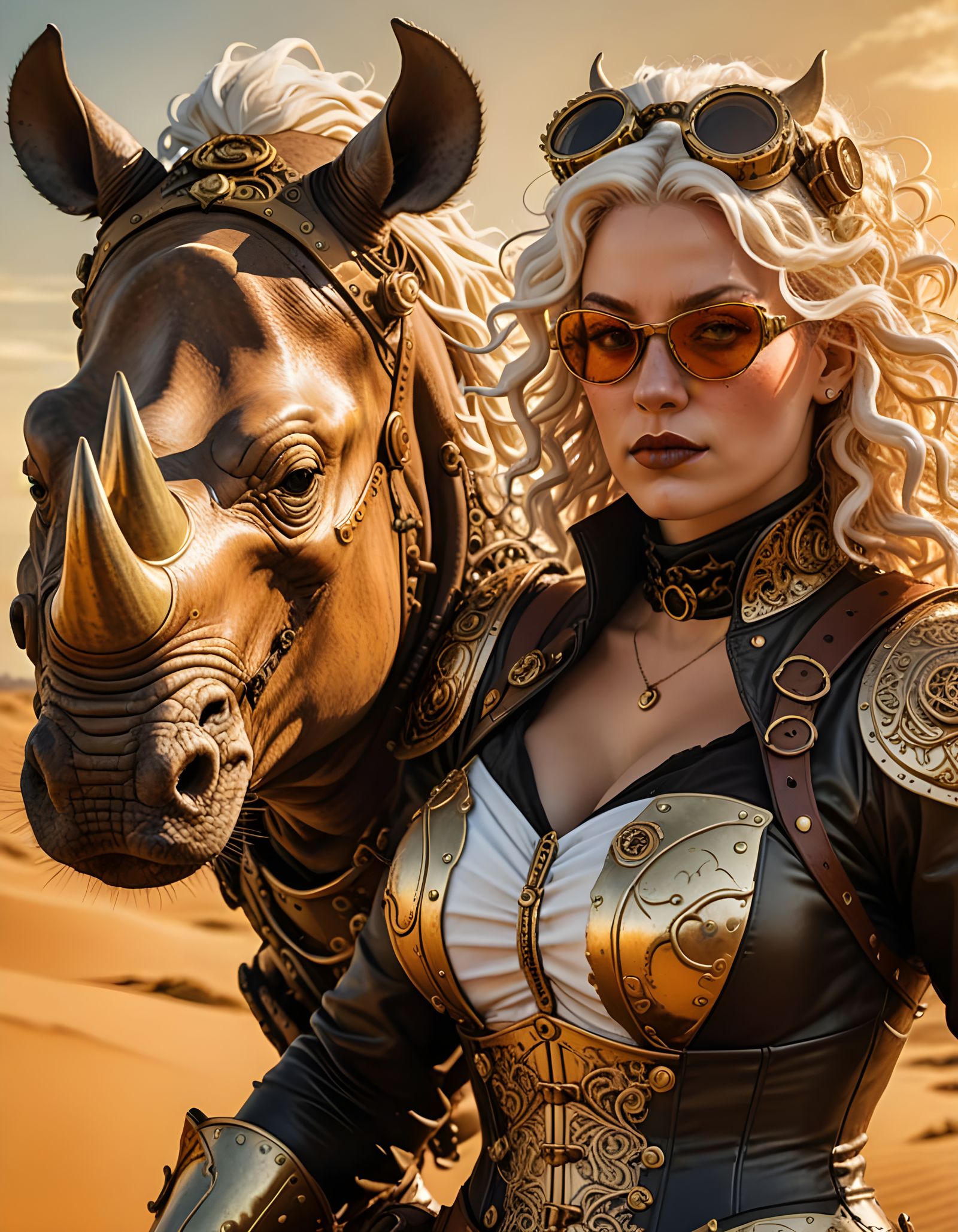 Steampunk Albino Warrior Woman and Rhinoceros