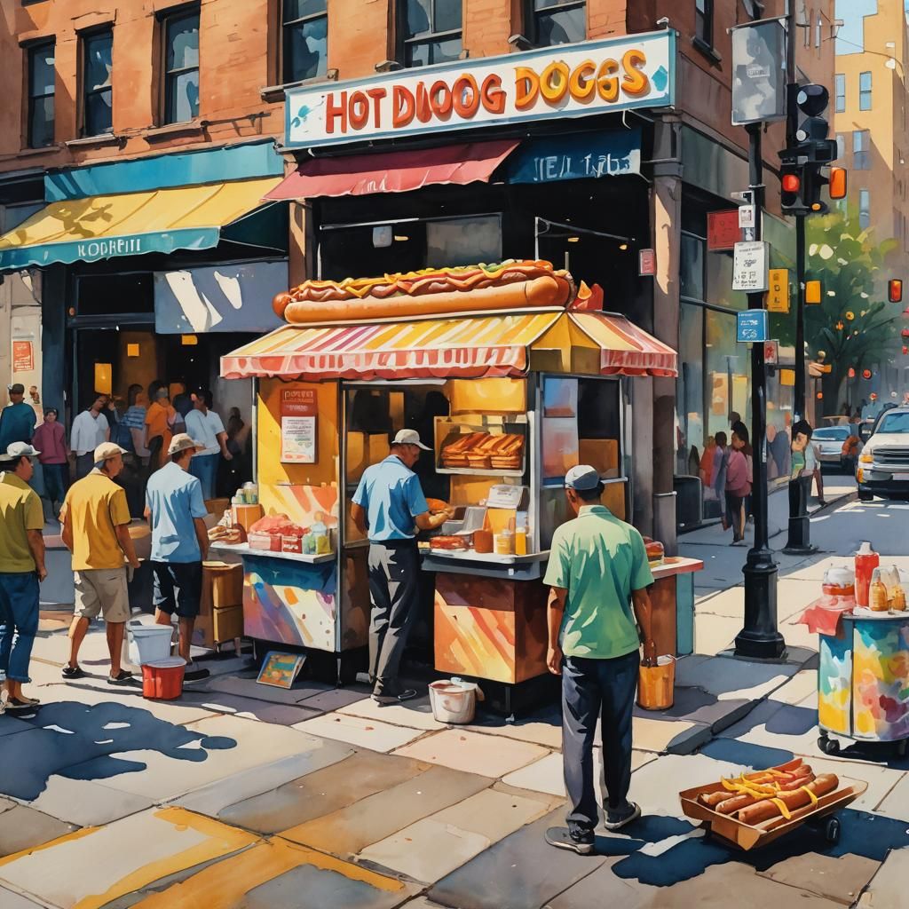 Vibrant Hot Dog Stand in Gouache Impasto Style