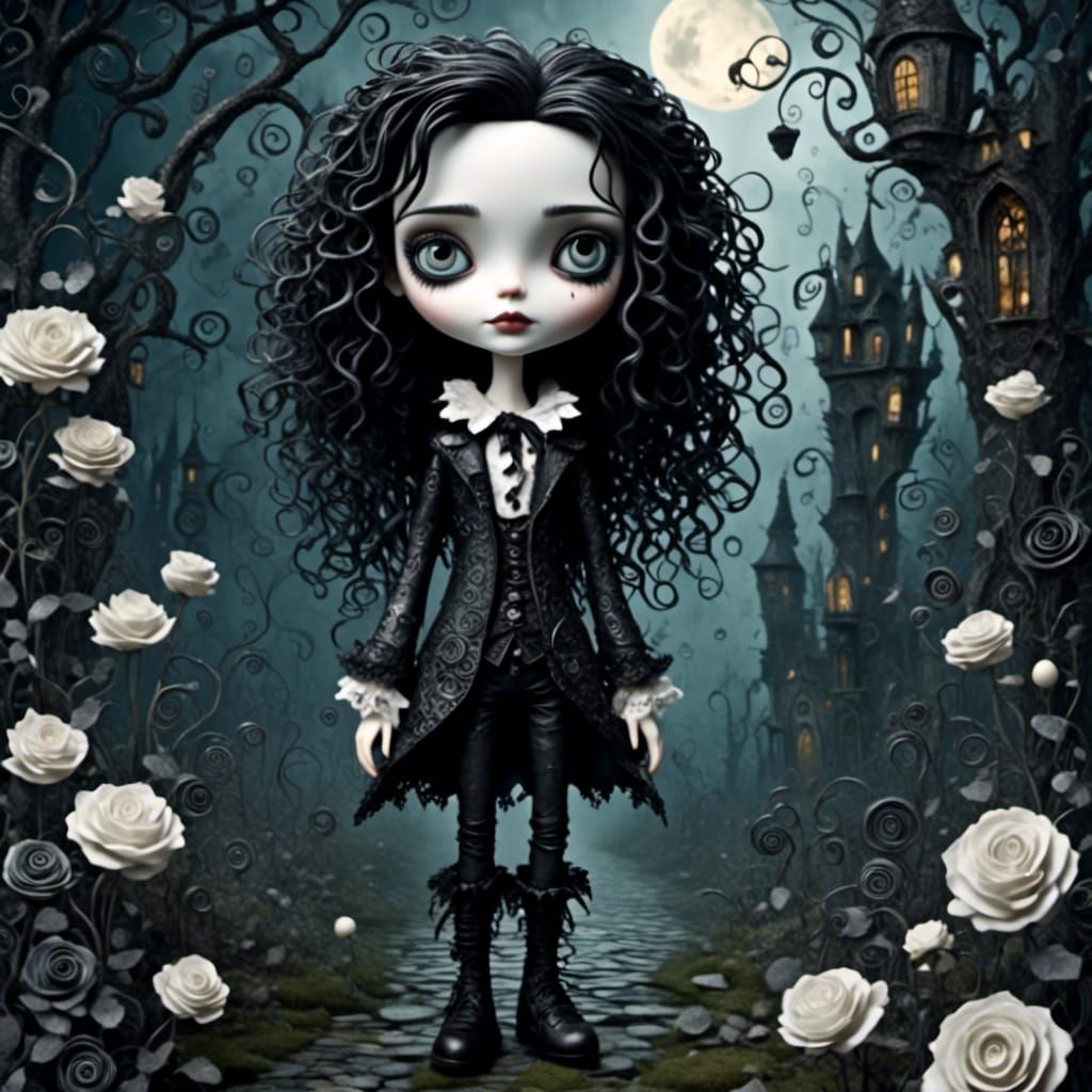 Tim Burtonesque Doll in Ethereal Rose Garden