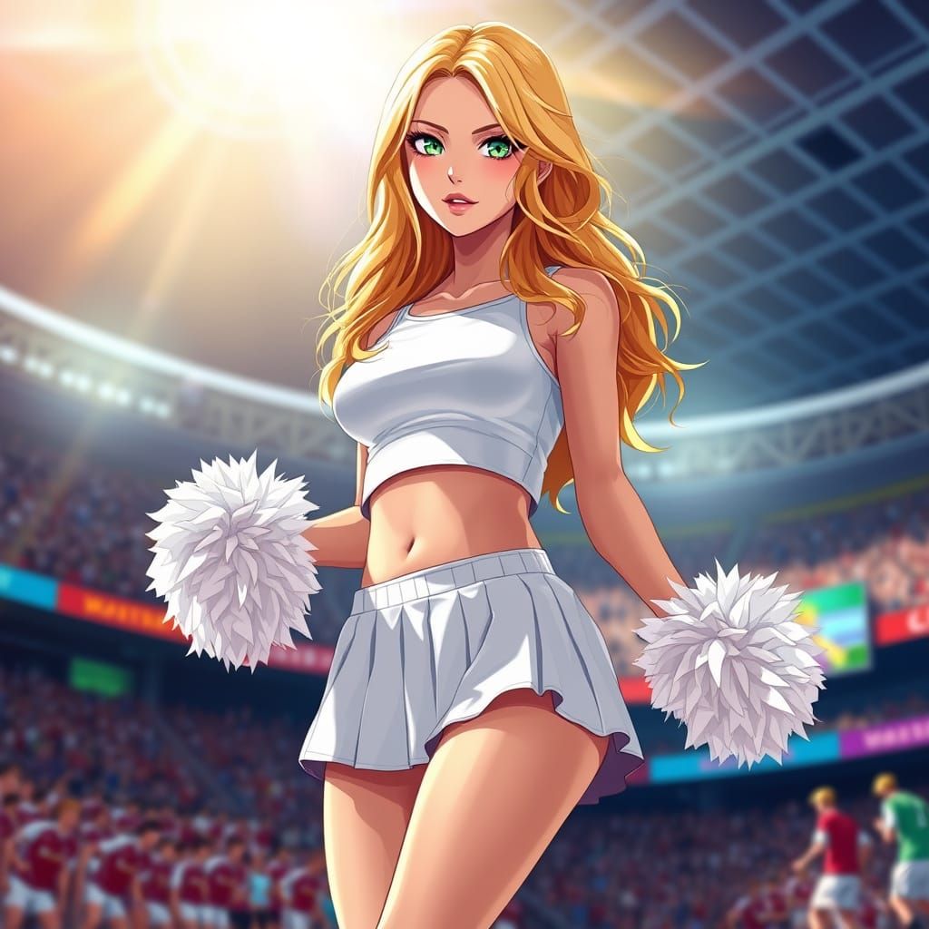 Vibrant Young Woman in Football Stadium, Anime-Inspired Styl...