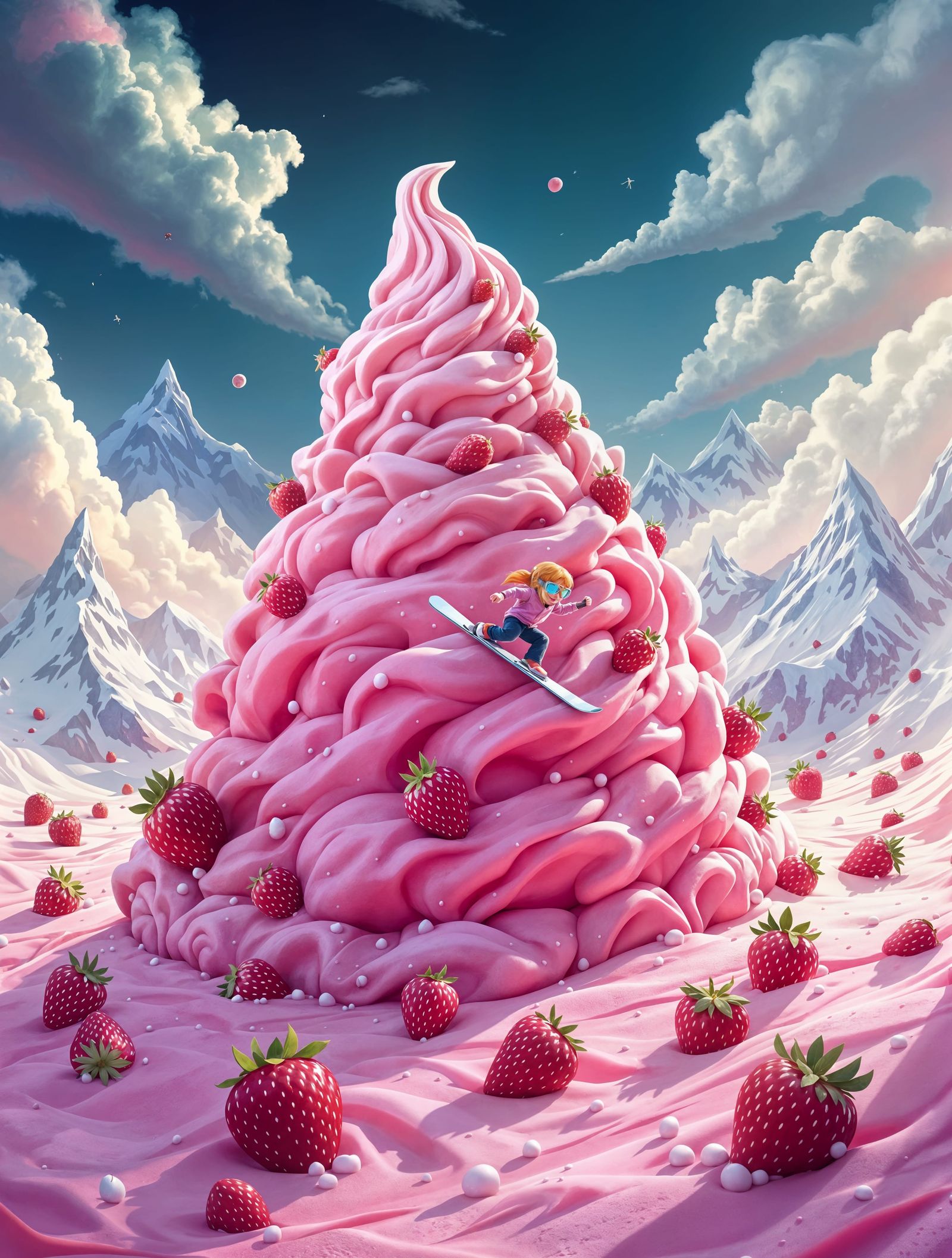 Whimsical Strawberry Ice Cream Landscape in Vibrant Color Pa...