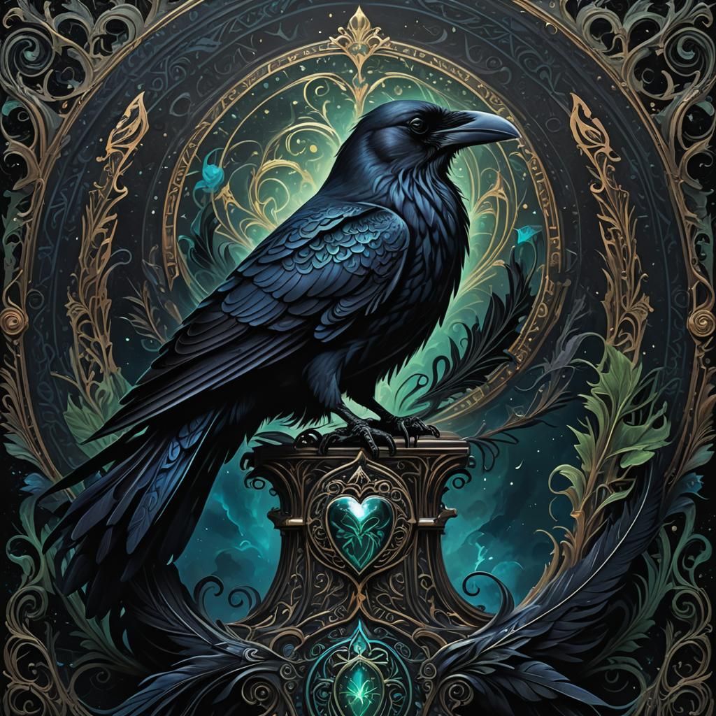 Raven on Mystical Crest in Dark Fantasy Art
