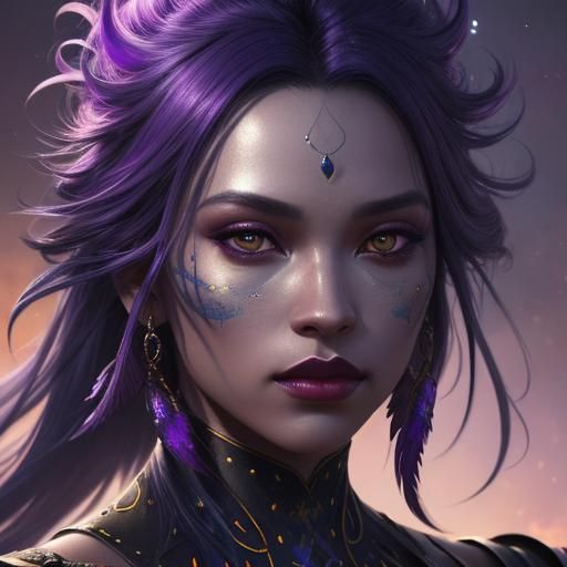 Golden Woman with Feathered Hair in Dreamlike Portrait