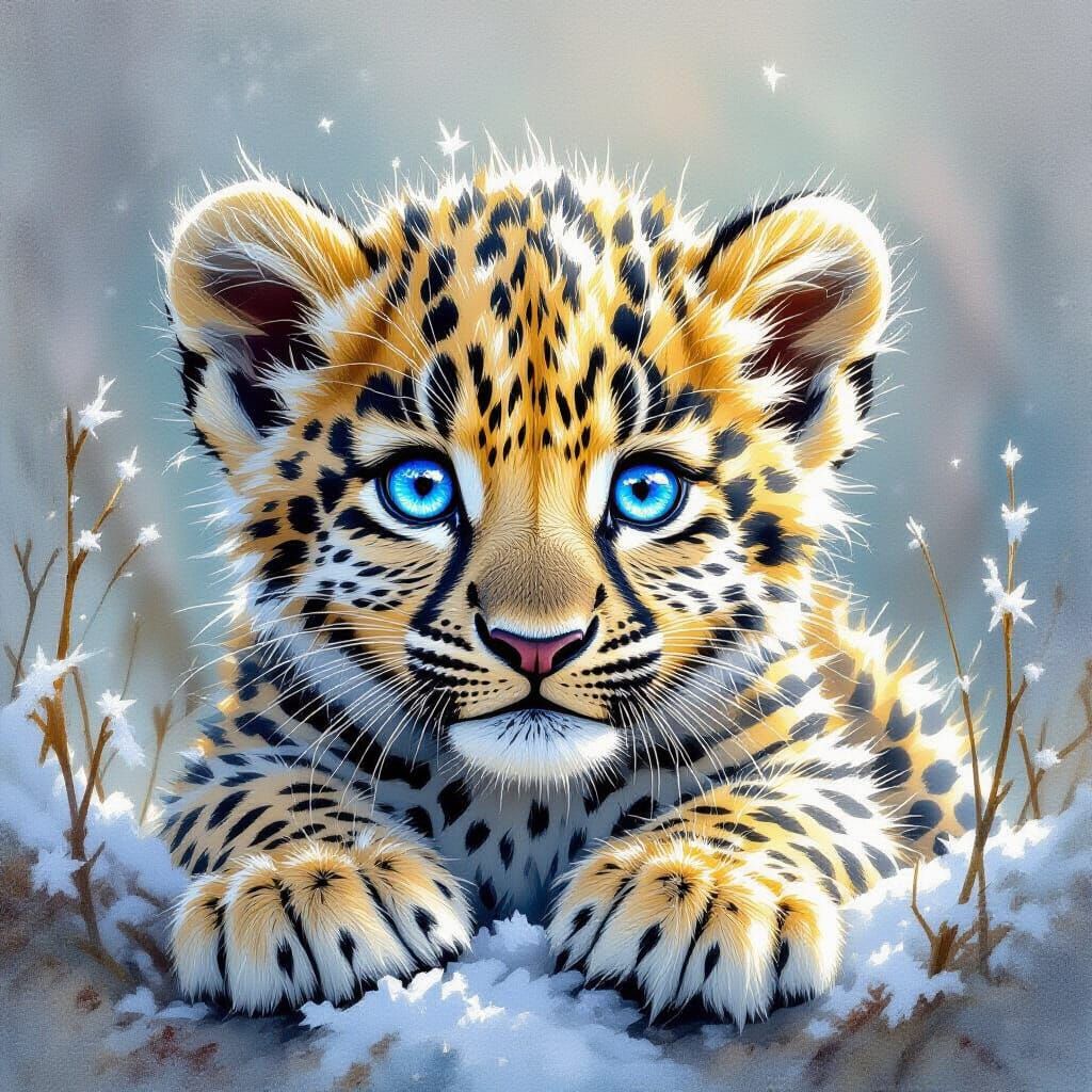 Blue-Eyed Leopard Cub with Ice Crystals