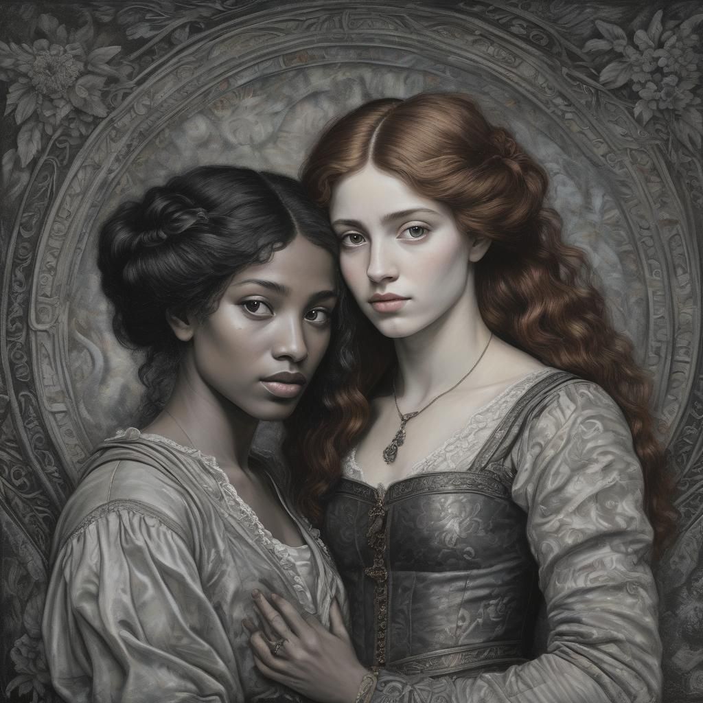 Pre-Raphaelite Portrait of a Multiracial Lesbian Couple