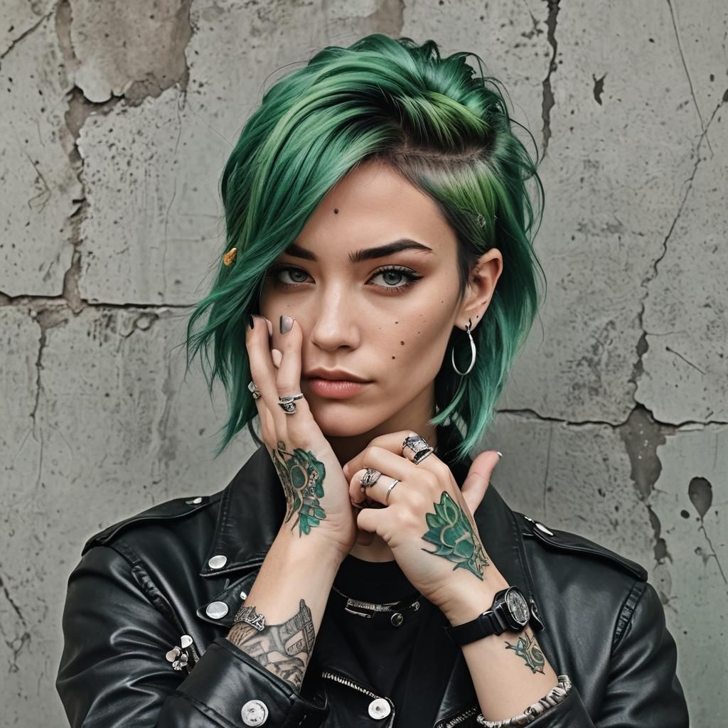 Green Haired Person with Tattoo Making Rock-On Gesture