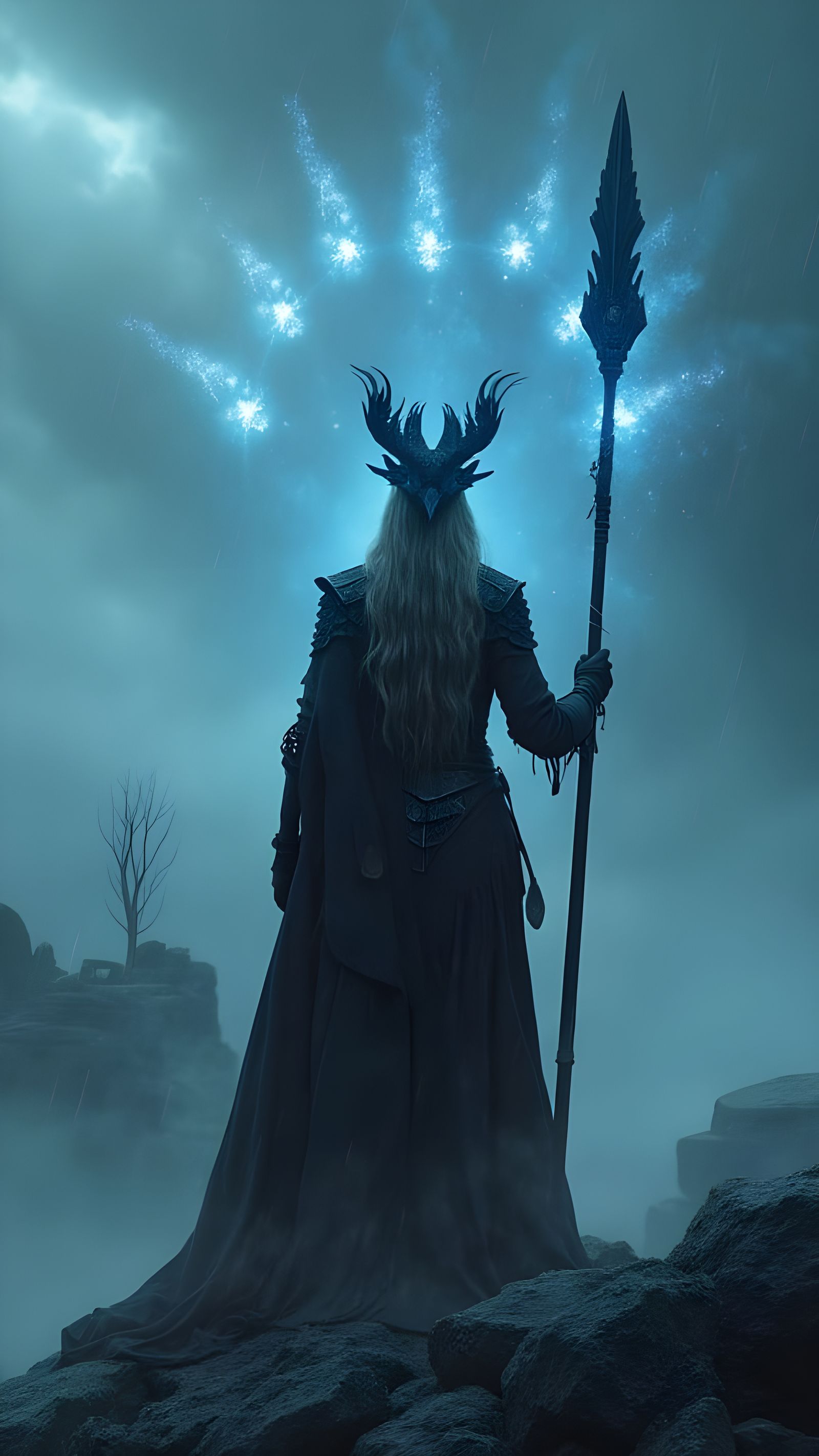 Fierce Norse Warrior Woman on Cliff in Fantasy Style