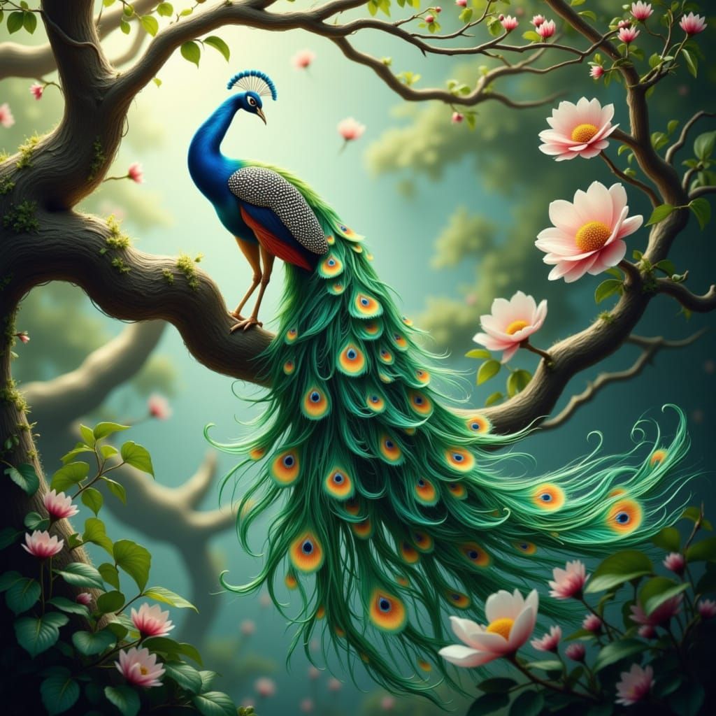 Majestic Peacock with Flower Tail on Twisting Branch