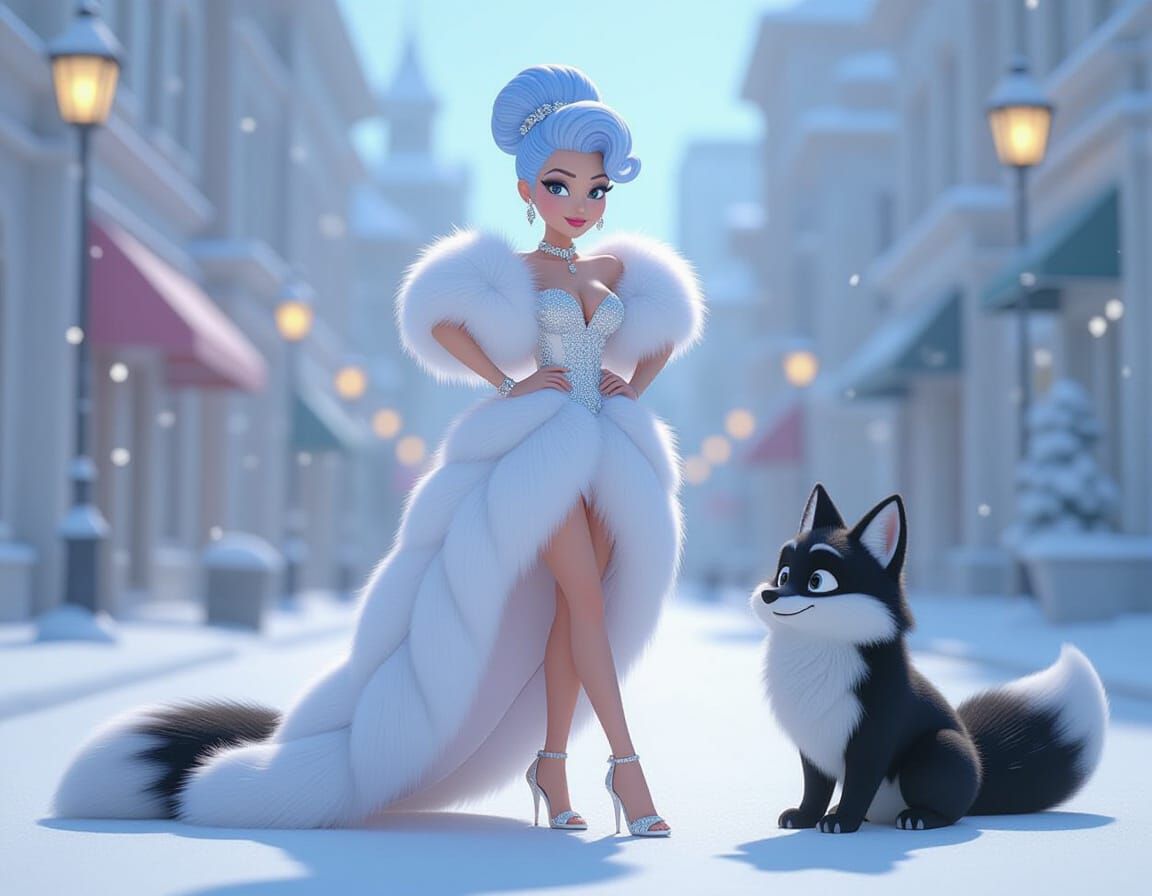 Whimsical Candy Art Fox and Woman on Snowy Street