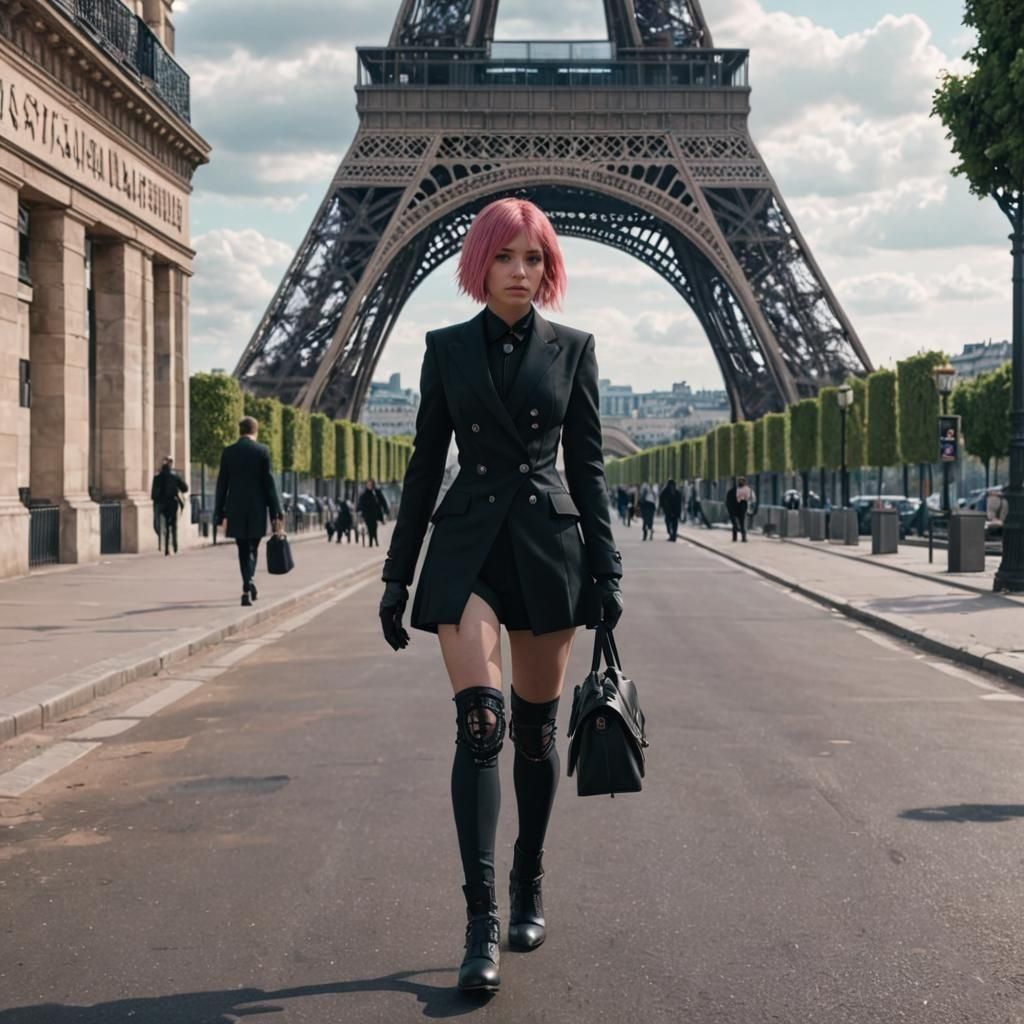 Dystopian Paris: Pink-Haired Woman in Futuristic Cityscape