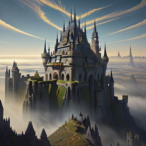 Majestic Moving Fortress Emerges from the Mist in Steampunk...