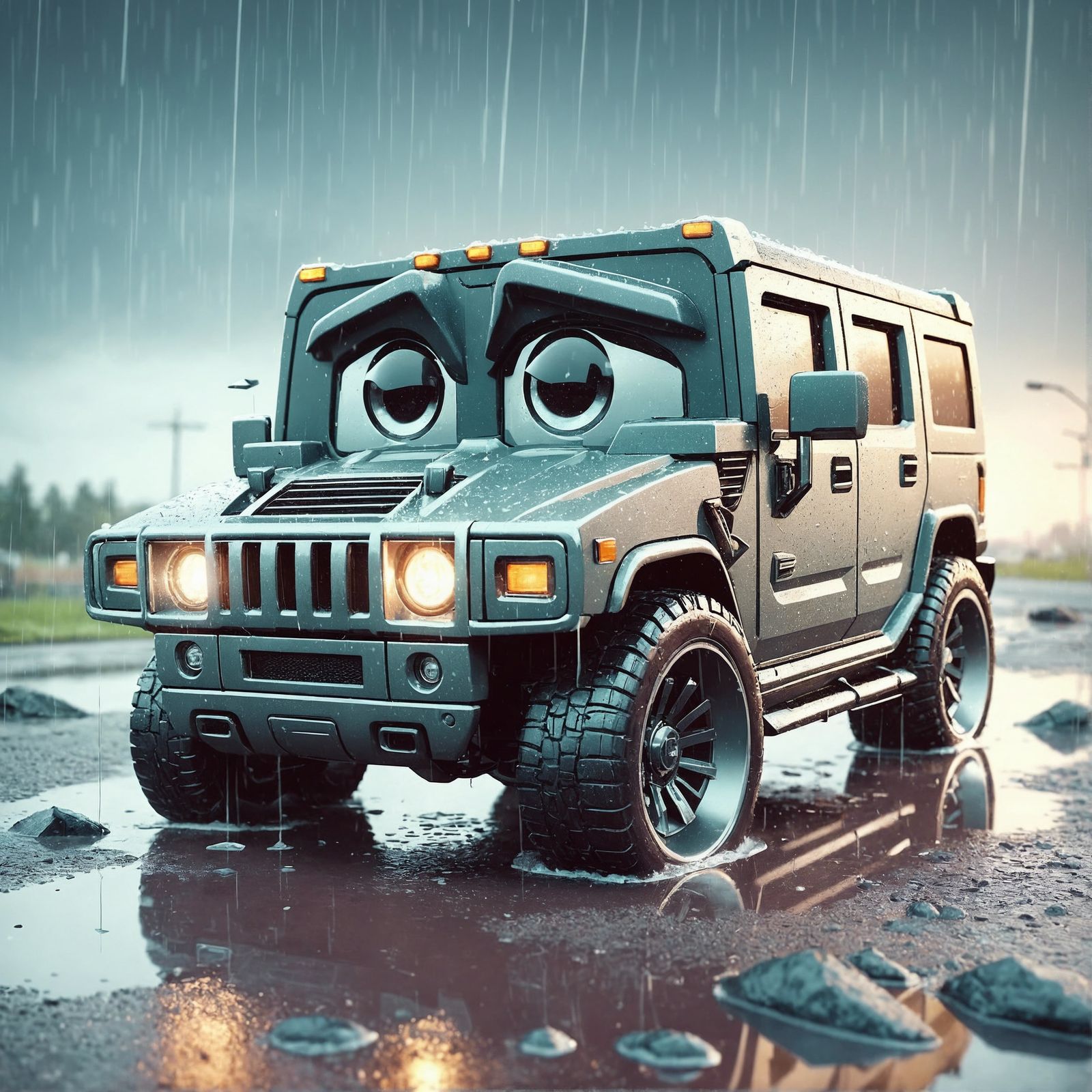 Sad Hummer in Rainy 3D Cartoon Scene