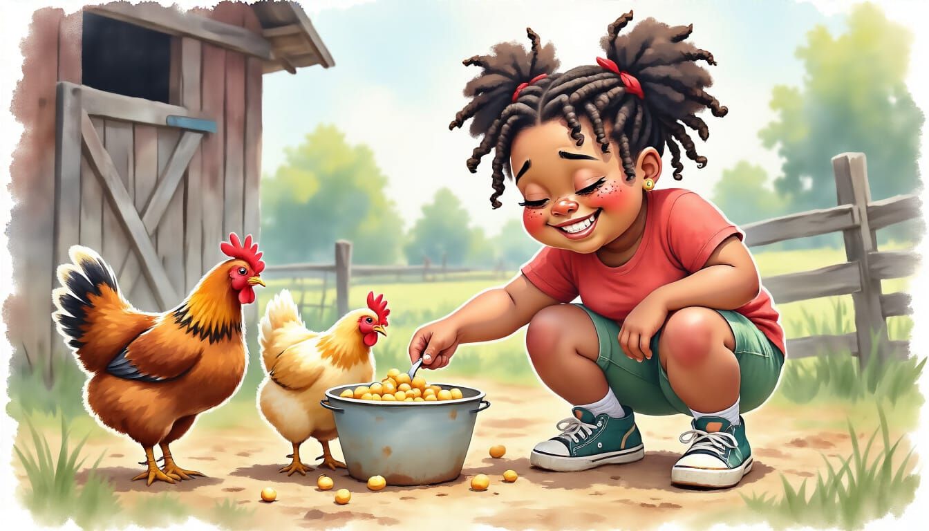 Smiling Girl Feeding Chickens: Watercolor Painting