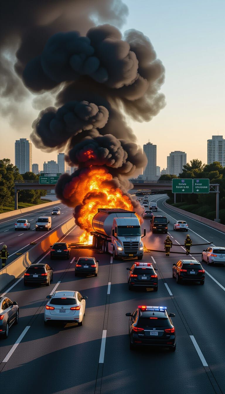 Fuel Truck Inferno on Highway: Dramatic Scene