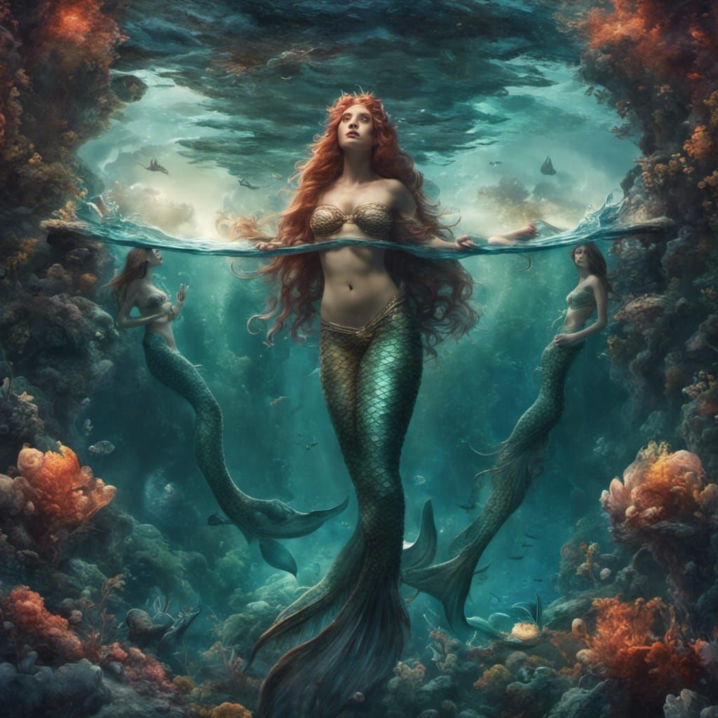 Underwater Mermaid and Merman Embrace in Detailed Digital Ar...