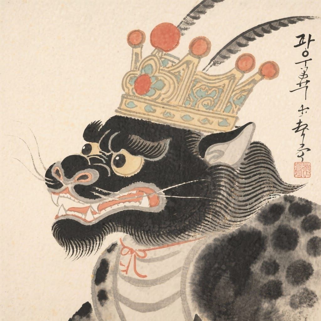 Majestic Beast King in Minimalist Korean Folk Art Style