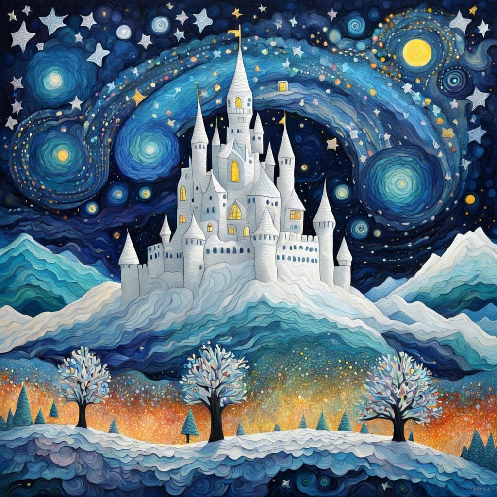 Whimsical White Castle Amidst Starry Night Sky