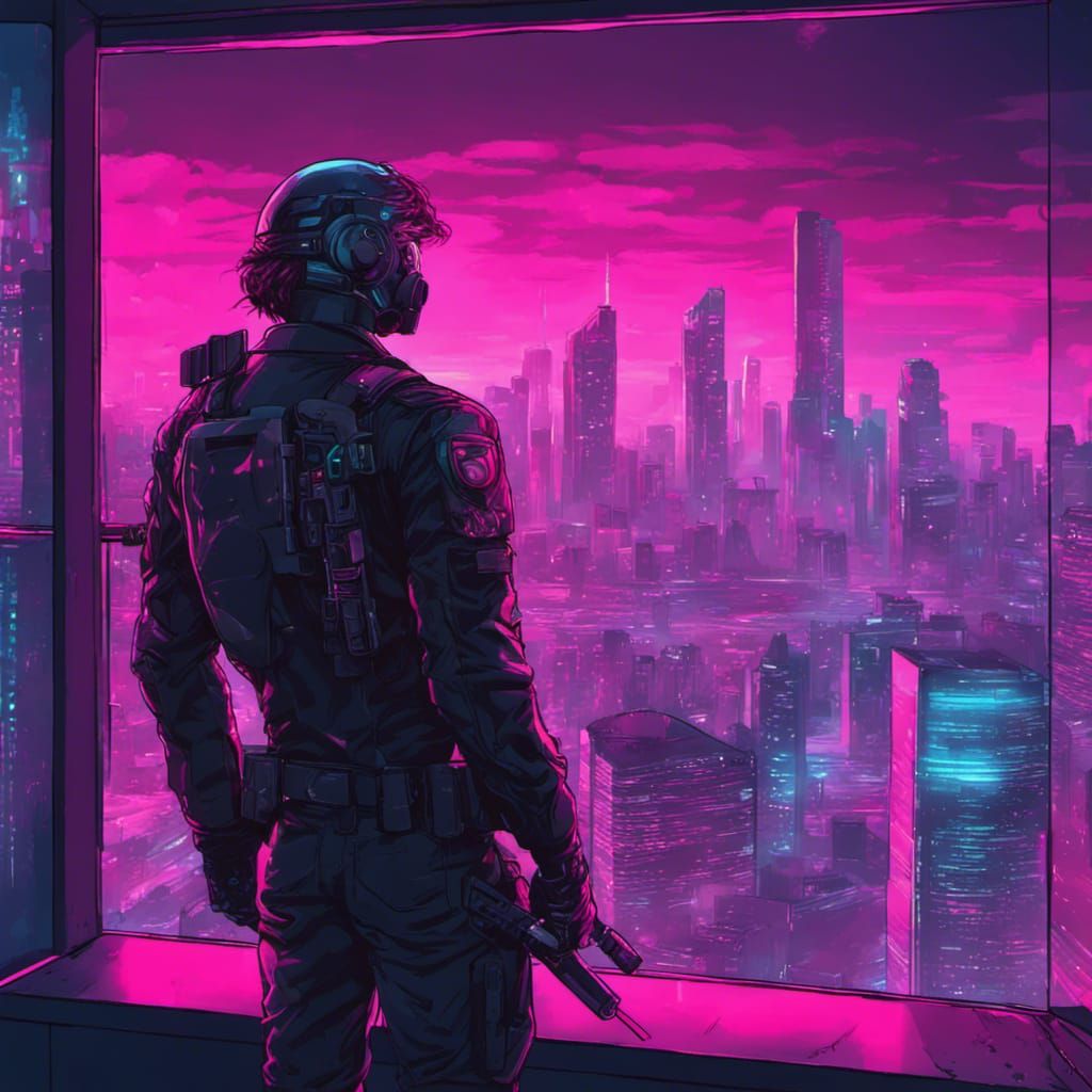 Synthwave Soldier in Cyberpunk Cityscape