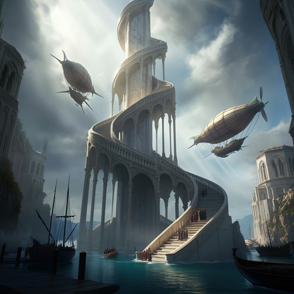 Giant Marble Staircase to Sky with Airships