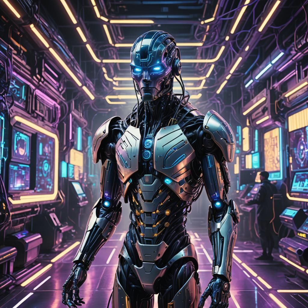 Futuristic AI Robot in Cyberpunk Laboratory