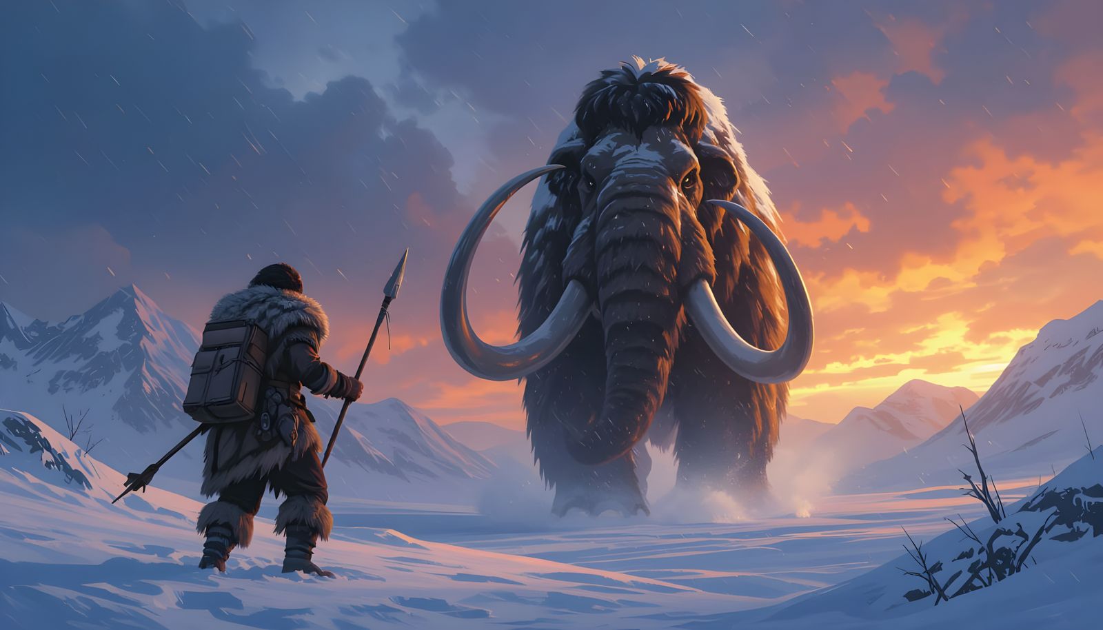 Early Human Hunter Confronts Charging Mammoth