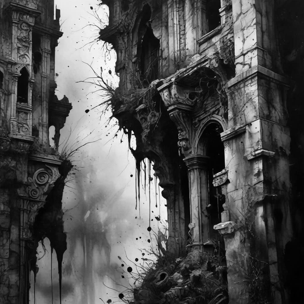Abstract Watercolor Art of Crumbling Ruins