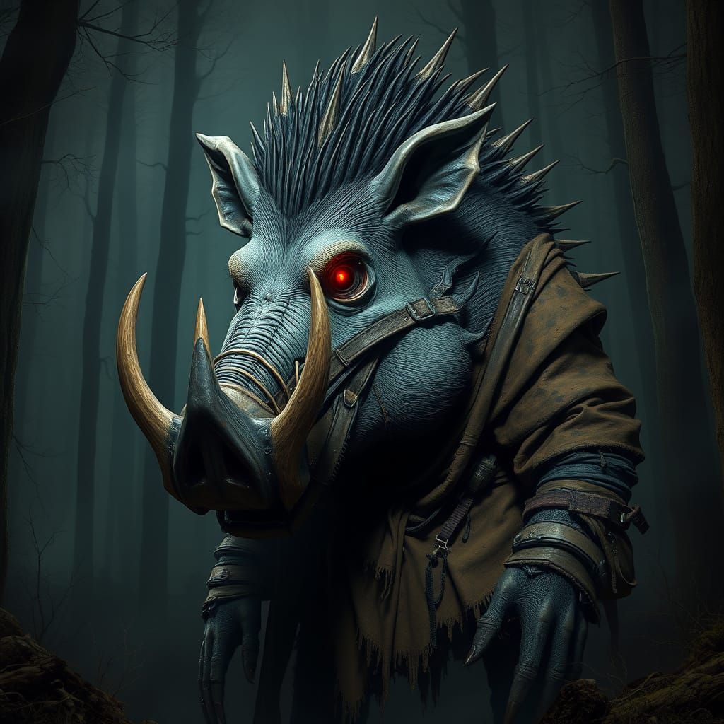 Menacing Mutant Boar in Dark Forest: Biomechanical Art