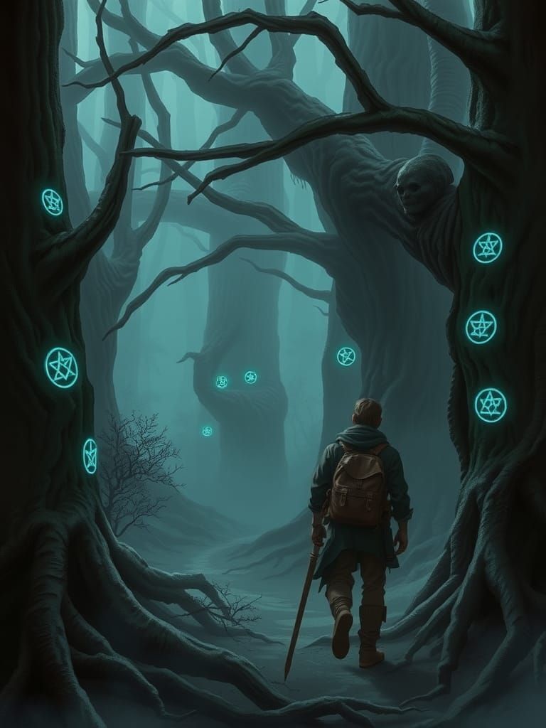 Adventurer in Glowing Forest, Cinematic Digital Art
